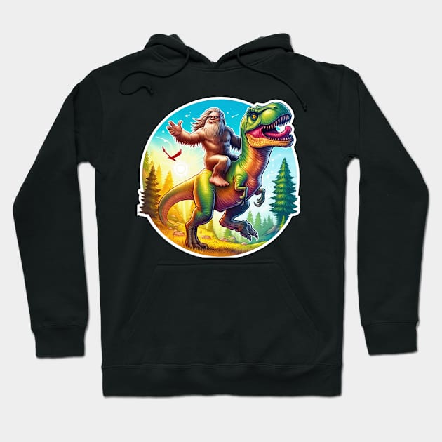 Sasquatch Riding a T-Rex Cryptozoologist Big Foot Dinosaur Hoodie by Dad and Co